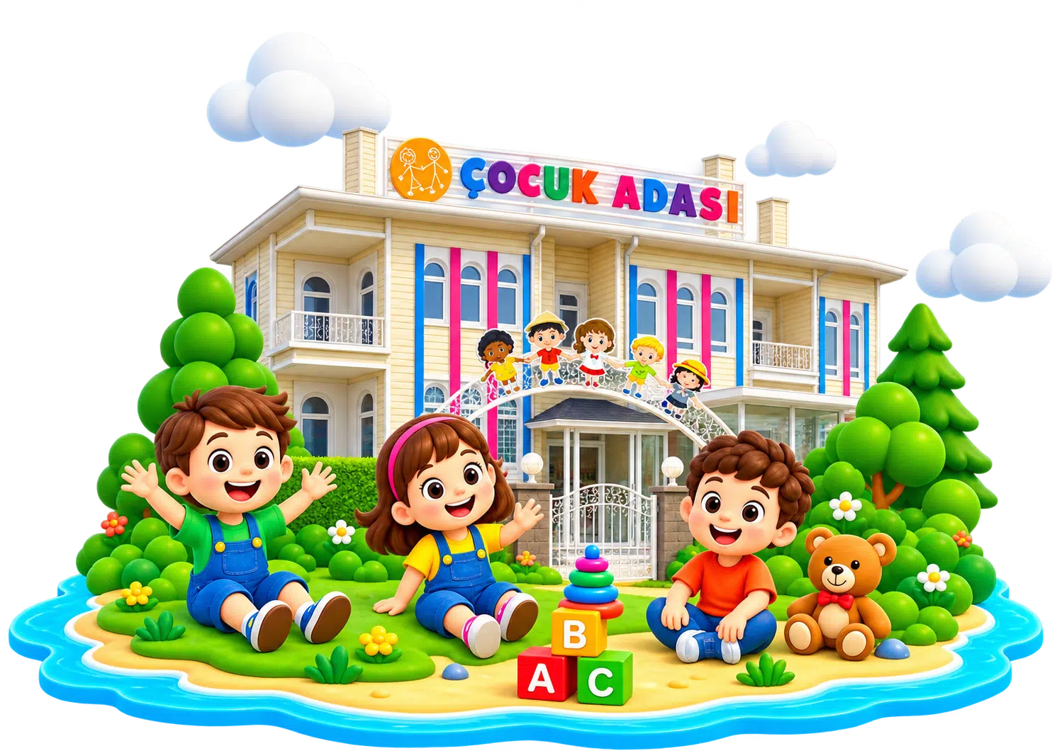Çocuk Adası okul binası önünde güneş, çocuk figürleri ve oyuncaklarla hazırlanan neşeli karşılama görseli