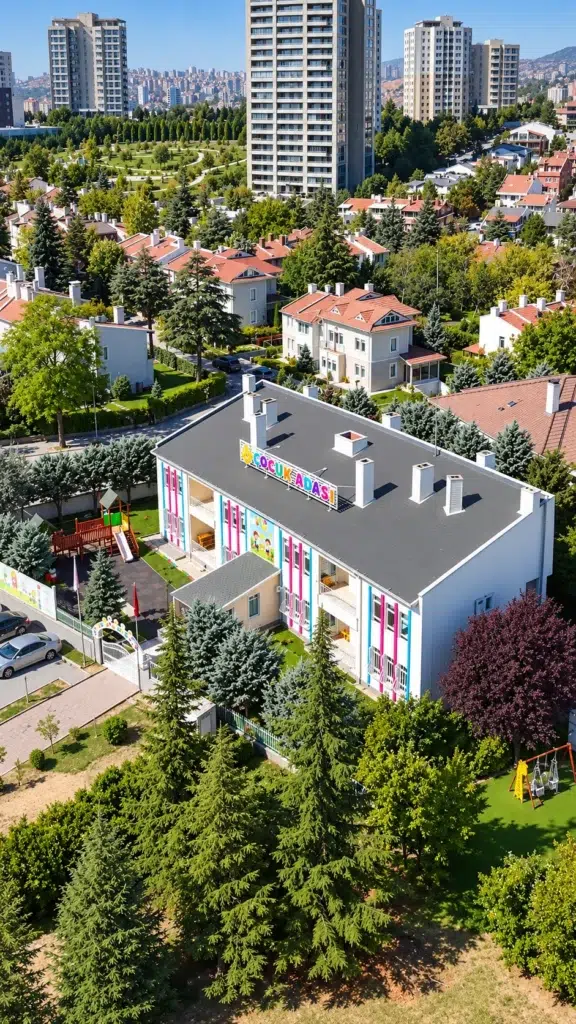 Okul binamızın çevredeki konutlar ve yeşil alanlarla birlikte havadan görünümü