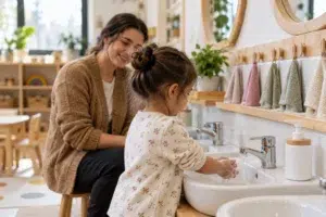Kreş hastalıklarından korunmak için öğretmeni eşliğinde ellerini sabunla yıkayan çocuk