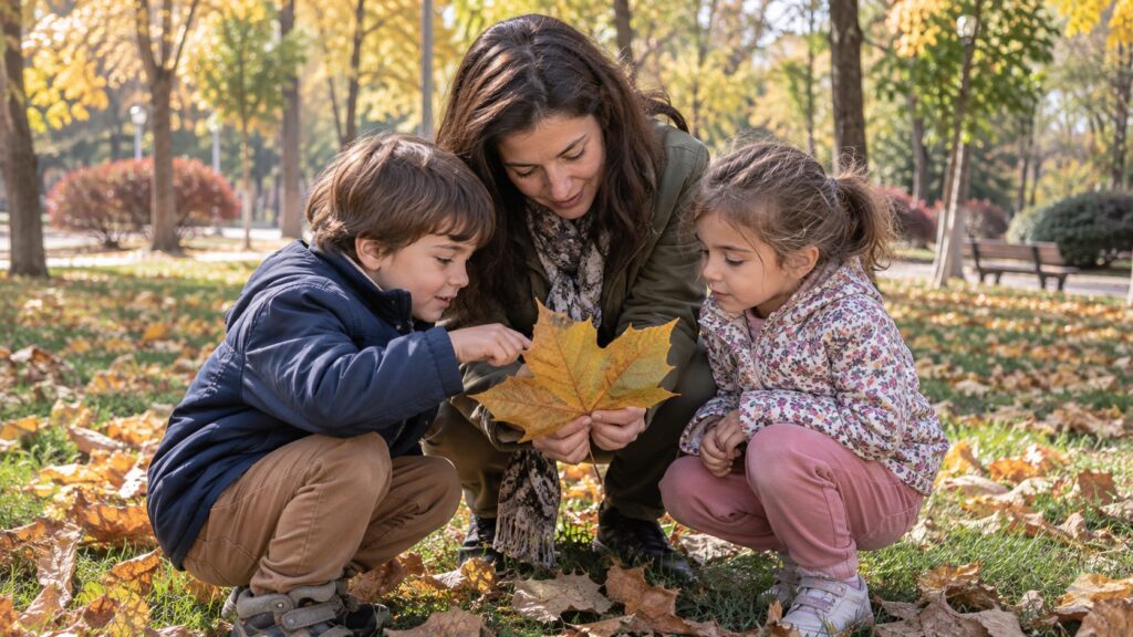 Parkta bir yetişkinle birlikte sarı sonbahar yaprağını inceleyen iki okul öncesi çocuk